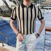 Polos masculinos Moda Summer Zip Polo Men Homens de manga curta T-shirts de malha de malha de gelo listrado seda respirável negócio casual slim 2023