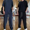 Herrspårar Summer Tracksuit Set Män outfit Solid Ice Silk Draped Short Sleeve Tops Long Pant Loose Tracksuit Casual Suits Ropa Hombre 230508