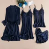 Vêtements de nuit pour femmes 4 pièces vêtements de nuit ensemble de sommeil bleu marine femmes pyjamas costume Kimono Robe printemps Lingerie dentelle chemises de nuit peignoir Homewear