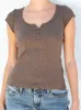 Kadın T-Shirt Kahverengi Çiçek Baskı Kıyafetleri İnce Tişörtler Kadın Sokak Giyim Düğmesi O Boyun Pamuk Kısa Kol Tişörtü Yaz Vintage Chic Y2K Üstler 230508