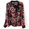 Blouses voor dames echte zijden satijnen damesoverhemden en elegante boog lange mouw mode blouse print tops kantoor dame shirt vrouw kleding