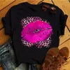 T-shirts Femmes Été Casual Mode Lèvres Léopard Imprimer O-Cou À Manches Courtes Tee Tops Femme Plage Travail De Base Streetwear Tissu