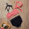 Children's swimwear Baby girl red striped bikini set cabernet tops button blue bandana shorts 0-4y child children summer swimsuit P230509