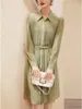 Casual Dresses Double-layer Foggy Green Mulberry Silk Long Sleeved Dress French Design Sense Niche 2023 Autumn Luxury Medium Length