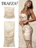 Two Piece Dress TRAFZA Women Draped Skirt Sets Sexy Backless Strapless Tube Tops Pleated Tulle Midi Skirts Female Summer Streetwear 230509