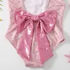 Duas-peças roupas de banho garotas garotas de verão novo padrão de peixe de uma peça de maiô com chapéu para crianças voando manga crianças roupas meninas 1-8 anos