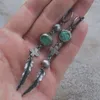 Dangle Earrings Long Green Stone Hip Hop Punk Ethnic Metal Silver Color Cross Feather Drop For Women Fashion Jewelry