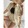 Damen Polos Europäisches und Amerikanisches Hemd Damen 2023 Baumwolle Leinen Top Kordelzug Gebunden Shorts Lose Lässig 2-teiliges Set Camisas Mujer