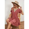 Casual jurken Woman V Neck Smocked High Tailed Dress Traid Summer Summer Sort Sleeve Mini Flowy Ruffle