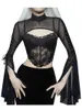 T-shirts pour femmes Womens See-through Mesh Manches longues Shrug Tops Mock Neck O Ring Veste à lacets Gothique Punk Flare Crop Top Performance