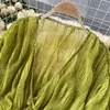 Dames blouses vrouwen sexy chiffon short blouse vrouw zie door super lange mouw blusas paars/groen/zwart/witte vouwen feesttoppen 2023