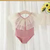 Children's swimwear Child baby girl swimsuit spring summer knit v-neck backless bath with hat for children one piece children clothes girls 1-8y P230509