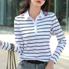 Damen T-Shirts Striped Umlegekragen Baumwolle T-Shirt Femme Korean Fashion Damen Langarm Damen Tops Herbst T-Shirt Damen Kleidung