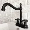 Grifos del fregadero del baño Aceite negro frotado 4 "Centro de latón Recipiente de cocina Dos orificios Lavabo Grifo giratorio Manijas dobles Grifo de agua Ahg077