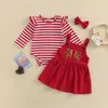 Ensembles de vêtements FOCUSNORM 0-24M Noël bébé filles vêtements mignons 3 pièces à manches longues barboteuse rayée robe à bavette brodée