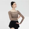 Scen Wear Ballet Dance Top Women's Warm-Up Stretch Boat Neck Mesh Långärmad spandex Yoga Vuxen Pullover