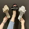 Slippers 2022 Summer New Flat Bottom Pearl Pleated Slippers Feminino Plus Size Lotus Lace Sandals and Slippers G230509