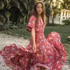 Vestidos de festa Vintage Moda chique feminino pavão de pavão com manga de morcego floral praia bohemiana maxi senhoras v pescoço com borla de verão boho vestido