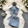 Robe deux pièces été Streetwear Denim deux pièces costume femmes licou gilet hauts Mini jupe crayon Chic tenues féminines 230509