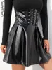 Jurken Sweetown Black Pu Leather Gotic Bandage Corsets Rokken Dames Moda Mujer Koreaanse mode Back Zip Up Hoge Taille geplooide rok