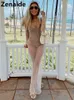 Vestidos de fiesta Zenaide See Through Mesh Dress Diamonds Pearl Manga larga Summer Sexy Bodycon Maxi Women Y2K Club Beach Cloth 230508