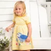 Robes de fille sautant mètres jaune blanc rayé dessin animé appliques un oiseau mignon manches courtes vêtements d'été vente princesse 230508