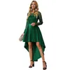 New women's lace long-sleeved women's dress crewneck splicing cinched waist high waist large swing dress skirt