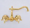 Bathroom Sink Faucets Dual Cross Handles Wall Mounted Gold Color Brass Kitchen Basin Swivel Faucet Mixer Tap Nsf617