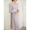 Robes décontractées élégante robe en soie violette féminine à manches longues mûrier a-ligne français col en v taille haute grande jupe évasée