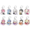 Keychains Hot Anime ReZero Cosplay Keychain Cute Rem Ram Emilia Beatrice Q Version Cartoon Figures Acrylic Keyring Bag Pendant Porte Clef J230426