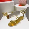 Sandálias douradas moda salto baixo sapatos de grife de luxo envolto em cobra Rene Caovilla combinação de tiras sexy 1,5 cm couro genuíno sola sandália