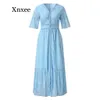 Spódnice Summer Fashion Women Vneck Shortsleeved Otwórz SingleRarded Ruffle Ruffle Lace Tape Long Dress Boho Elegant V Neck 230509