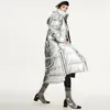 Women's Down Laser Silver Jacket Women's Hooded Warm Coat Winter Solid Orized Long Female Feather Parka Street Style