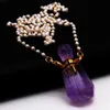 Hänghalsband Ny naturlig stenparfymflaska Amethysts Essential Oil Diffuser Pearl Chain Längd 80 cm Y23