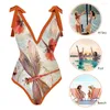 Women's Swimwear Floral Printed Jumpsuit Bathing Suit Sexy Vintage One Piece Bikini Chiffon Lace-up Bow Fashion Beach Party