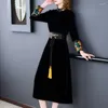 Casual Dresses Velvet Embroidered Waistband Dress Vintage Fashion Elegant Slim Long Sleeve Large Size Women Chinese Style Clothing Autumn