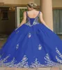 Abiti Quinceanera blu principessa 2023 Abito da ballo dolce di 15 anni Cinghie senza spalline Appliques Pizzo Abiti da spettacolo formale da ballo Abiti da cerimonia per il compleanno di 16 anni Vintage