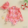 Traje de baño de dos piezas para niñas pequeñas, traje de baño de manga larga con estampado Floral de verano, traje de baño de moda con estampado de flores y cremallera, traje de baño de cuello redondo