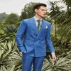 Ternos masculinos Blazers Terno de casamento noivo Blue linho fumando calças homens homens trespassados ​​Tuxedo 2 peças Slim mass personaliza Groommen's