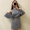 Work Dresses Korean Elegant Knitted Sweater Dress Sets Women Slim Vest Mini Bodycon Lantern Sleeve Shawl Short Sweaters Tops Chic