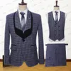 Men's Suits Blazers Men Wedding Party Summer Blue White Reto Classic Plaid Black Lapel Fashion Slim Fit Suits 3 Pcs Set Jacket Vest Pants 230509
