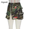 Saias estigende Sexy High Split Camouflage Mini Mulheres Exército Verde Reduzido Rispado Irregular Botão de Pocket Bottle Party 230509