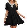 Casual jurken Woman V Neck Smocked High Tailed Dress Traid Summer Summer Sort Sleeve Mini Flowy Ruffle