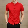 Męskie koszule Summer Chińskie Kolor Solid Kolor Męski Lnik Stojący kołnierz cienki dopasowanie Duże ubrania z krótkim rękawem