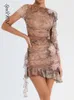 Платье с двумя кусочками сексуальные печать Mini Skirts 2 Set Set See See Top Top Tops and Skirt Ladies Club Party наряды 230509