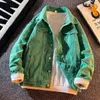 Herenjacks houzhou heren groen denim jas mannen y2k denim jassen Cardigan mannelijk Harajuku hiphop Japanse streetwear kleding voor tieners 230509