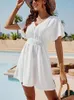 Casual Dresses Summer White Beach Dress Women Boho Mini Kvinnlig solid lös solskyddsmedel damer Sexig V Neck Pleaseted Short