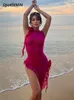 Casual jurken sexy mesh zie jurk voor dames onregelmatige ruches kwemmerissen fairy mini -jurken zomer rose rood strand feest club y2k outfits 230508