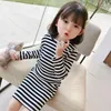 Flickaklänningar 2023 Korea Style Girls Striped Ribbed Dress Fashion Cotton Autumn Full Sleeve 1-6 Years YC693