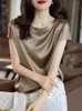 Kvinnors T -skjortor Silk Thin Short Sleeve Tees Korean Style Slip Woman Summer Clothes Elegant Black Brown Tops Solid Loose Casual 4xl